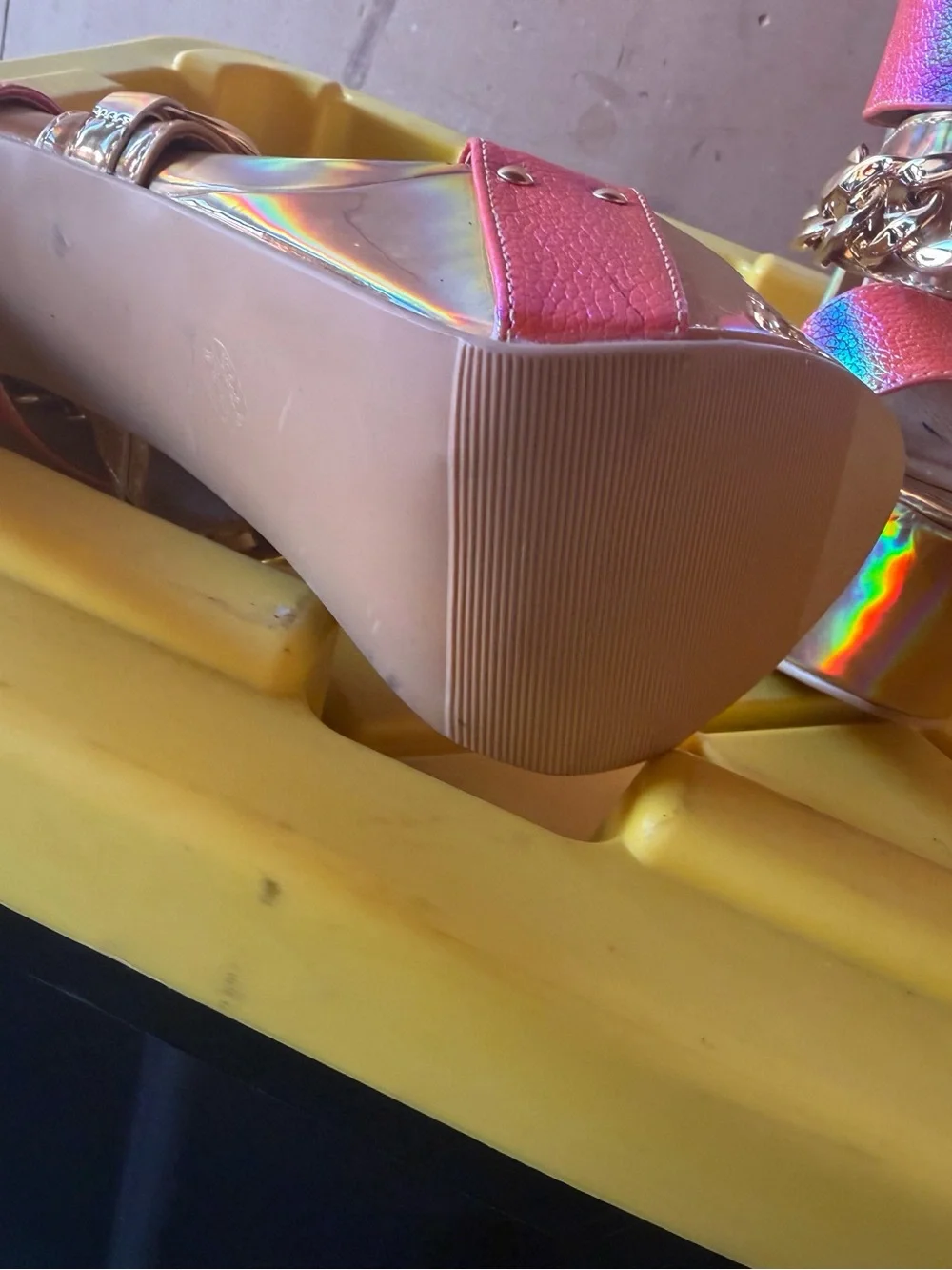 Shoe Republic LA Iridescent Pink Platform Heels with Gold Chain